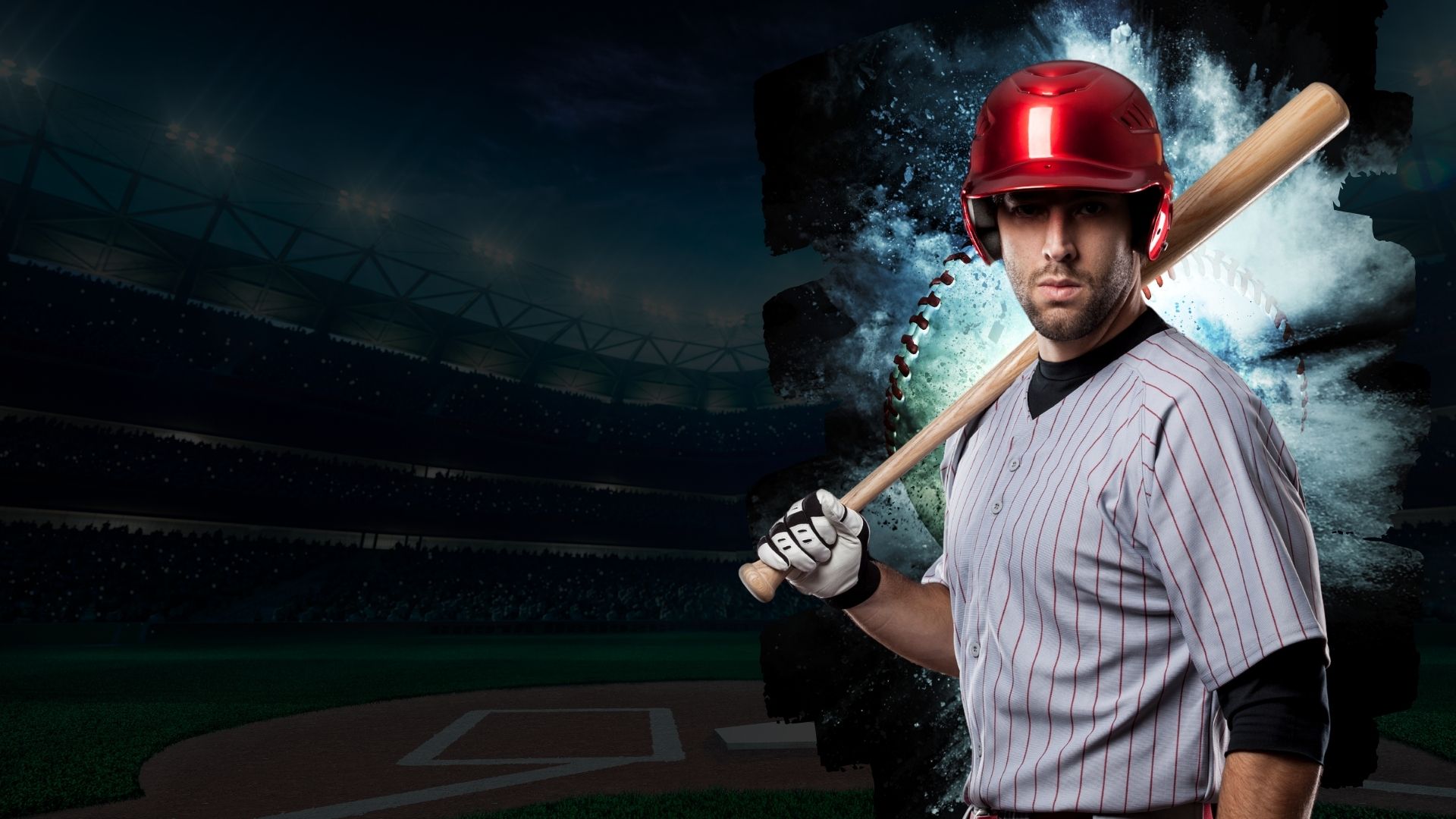 A baseball player stands poised with a bat in front of a bustling stadium, ready for the game to begin.